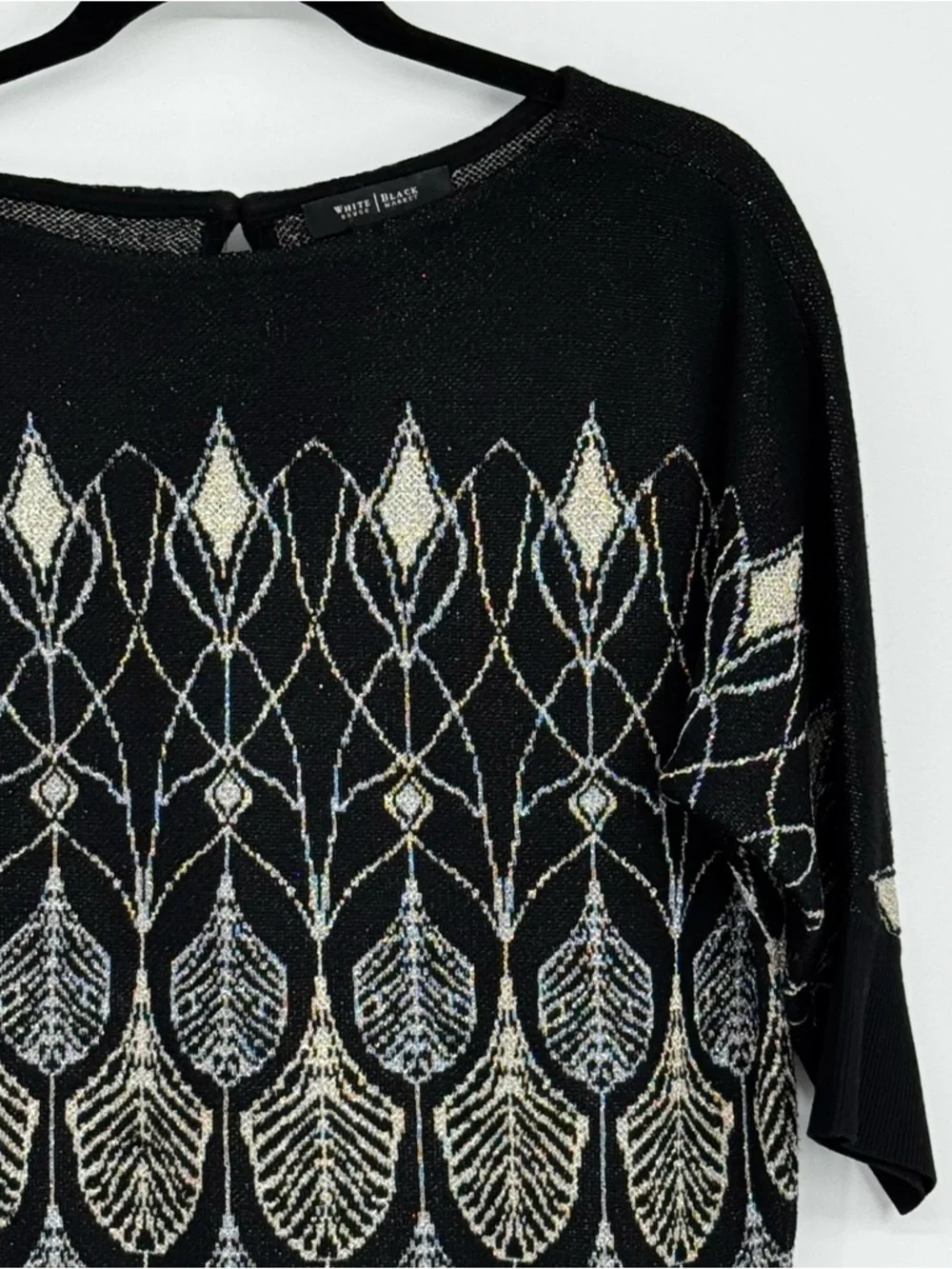 White House Black Market Sm Black Crew Neck Sweater Gold/Silver Metallic Design
